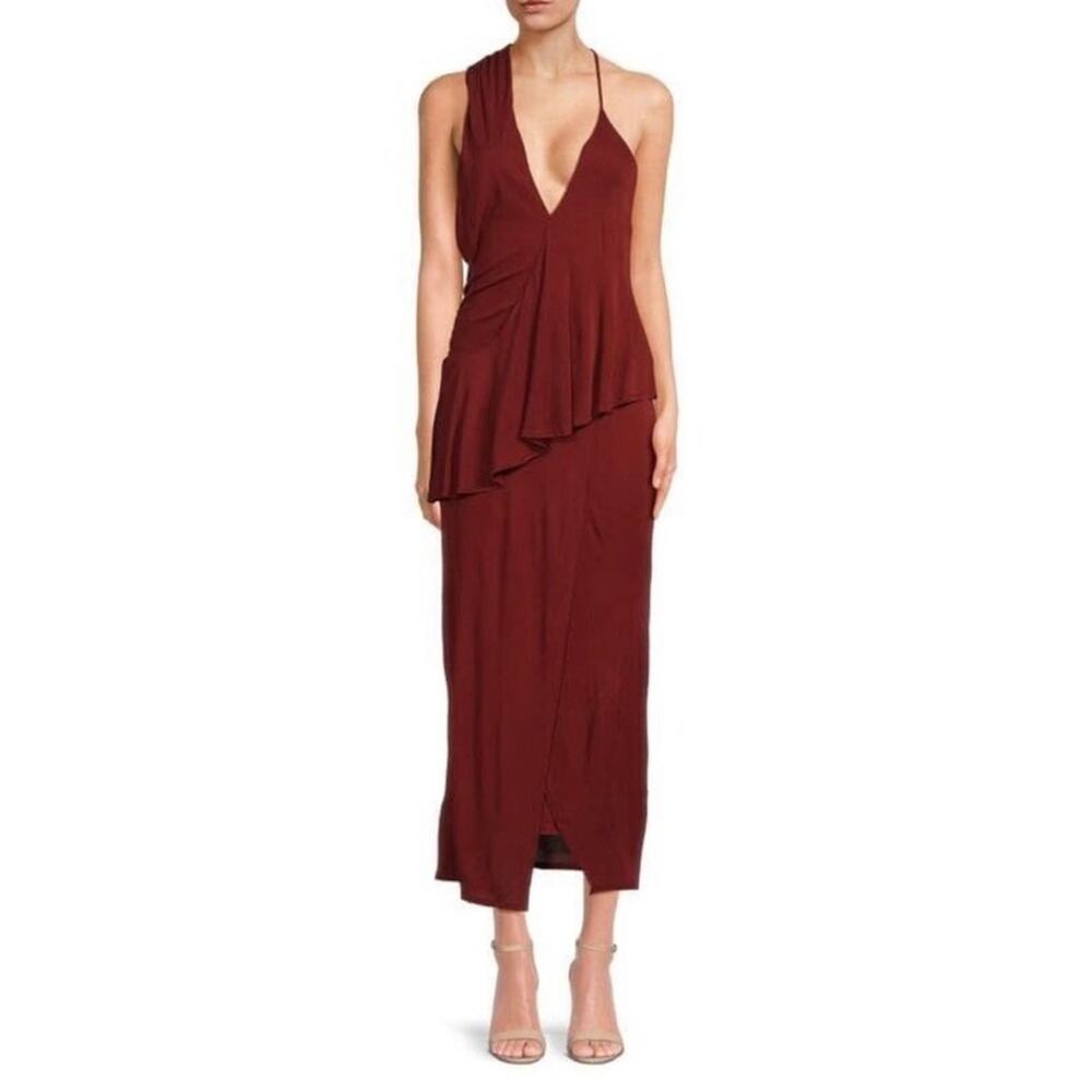 NEW Reiss Xena Strappy Dark Red Open Back Plunge Neck Midi Dress US 8